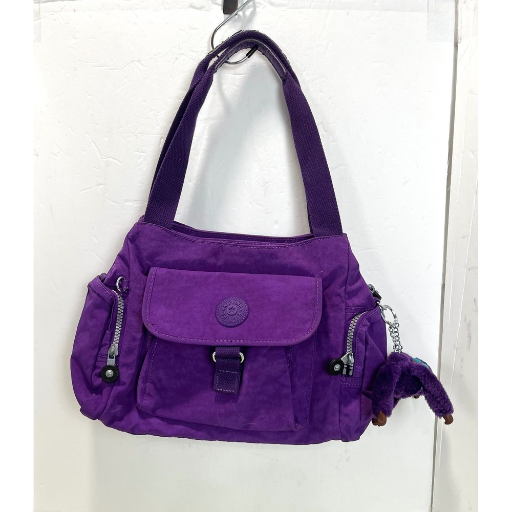 Kipling Defea Purple Nylon Shoulder Bag Handbag with Dual Monkey Keychains GOOD
